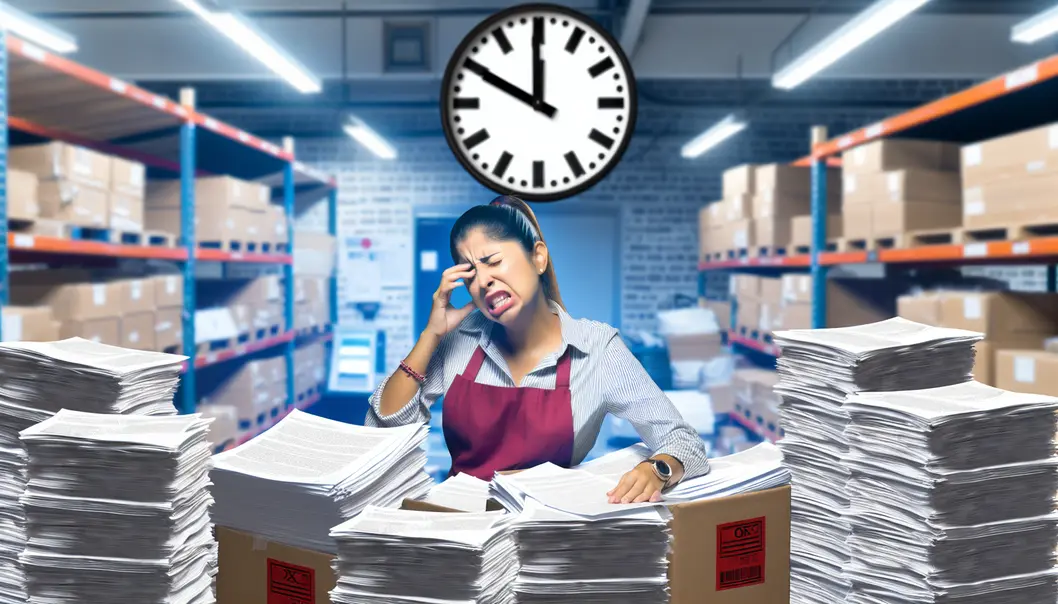 Một quản lý cửa hàng bận rộn với đống giấy tờ đơn hàng.