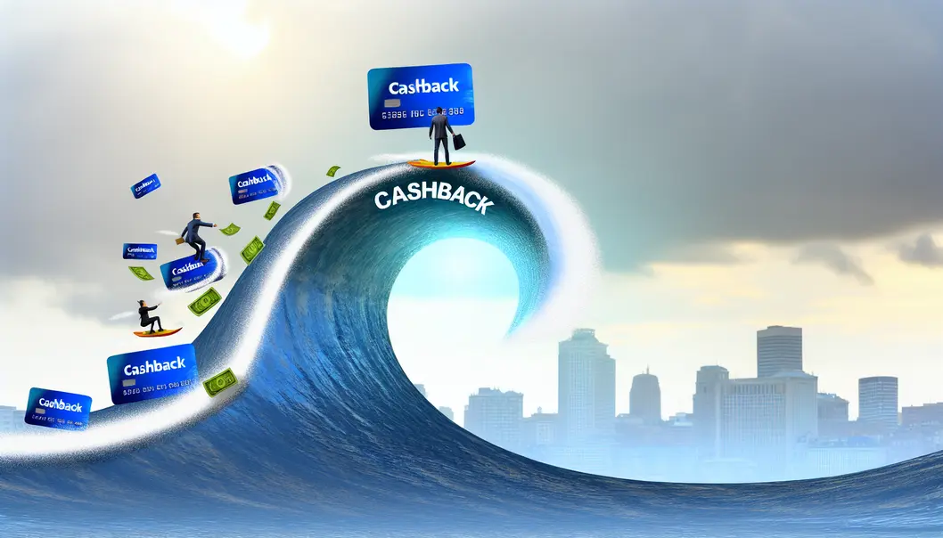 Happy shoppers with digital devices showing cashback rewards.